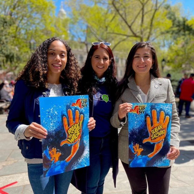 Senator Jessica Ramos and advocates pose at a RaiseUPNY action photo credit: Align NY